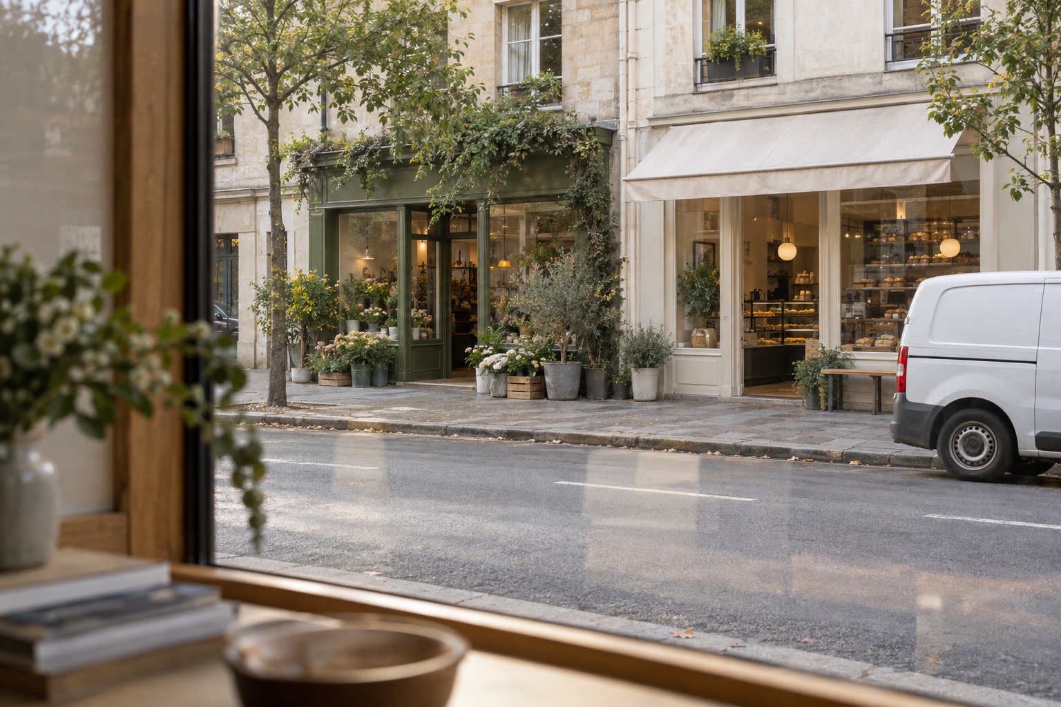 A business window looking out toward neighboring storefronts.