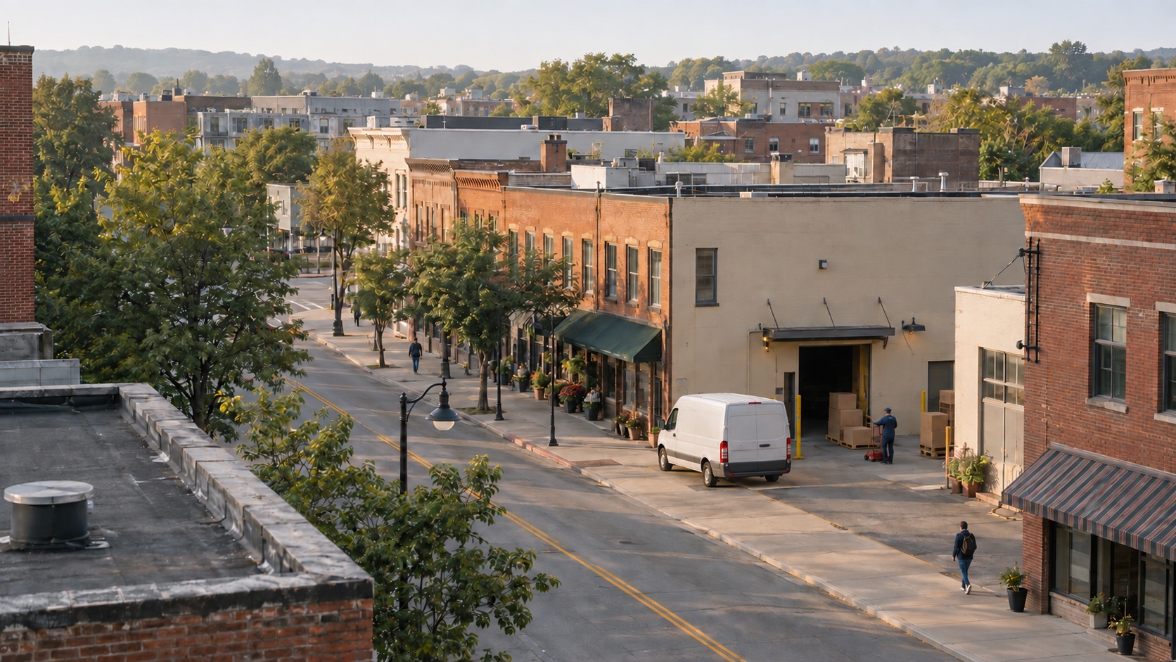 Independent businesses and distribution companies in a commercial neighborhood.